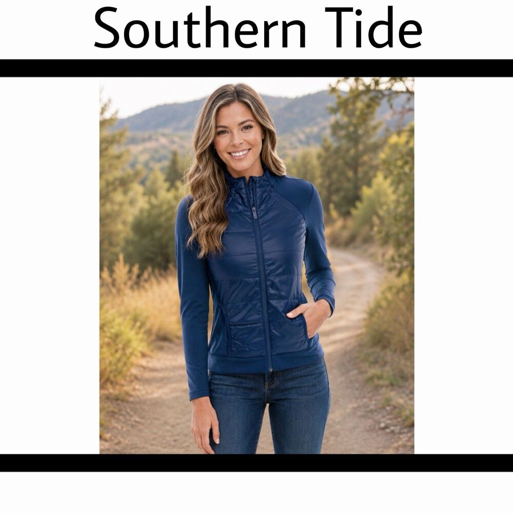 Southern Tide Josette Mixed Media Full Zip Jacket Women's XL True Navy Blue